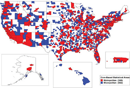 FIGURE: Map of core-based metropolitan and micropolitan statistical areas (MSA and μSA, respectively) of the United States, based on 2005 U.S. estimated census data SOURCE: Created by Rarelibra 19:40, 25 October 2006 (UTC) for public domain use, using MapInfo v8.5 and various mapping resources.