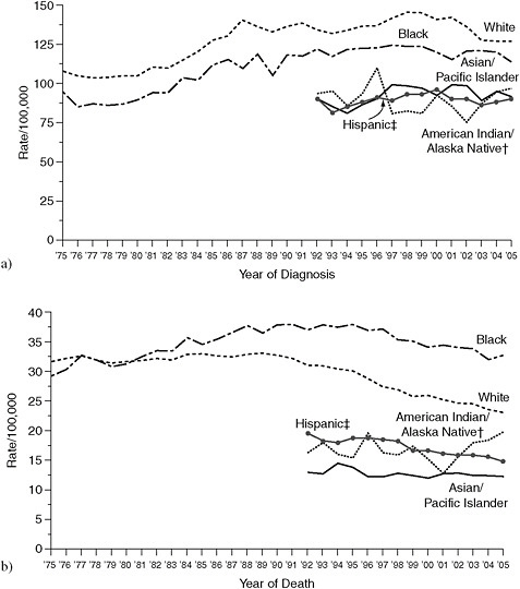 FIGURE 3-1 Annual breast cancer (a) incidence and (b) mortality in the United States by race or ethnicity. Incidence source: Surveillance, Epidemiology, and End Results (SEER) Program, National Cancer Institute (NCI)—1975–1991, SEER 9; 1992–2005, SEER 13. Mortality source: US Mortality Files, National Center for Health Statistics, Centers for Disease Control and Prevention. Rates age-adjusted to the 2000 US standard population (19 age groups—Census P25-1130).