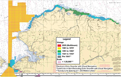 FIGURE 5.5 Vintage National Oceanic and Atmospheric Administration (NOAA) hydrography chart—North Slope (June 2008). SOURCE: Courtesy of the National Ice Center.