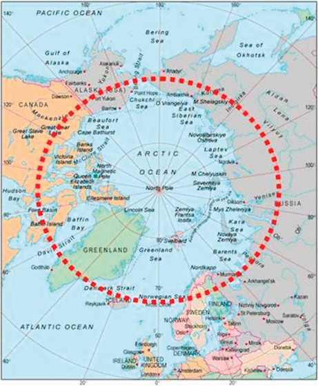 FIGURE 2.1 Map of the Arctic region. The Arctic region, in this report, is defined as the area north of the Arctic Circle (highlighted on this map in red).