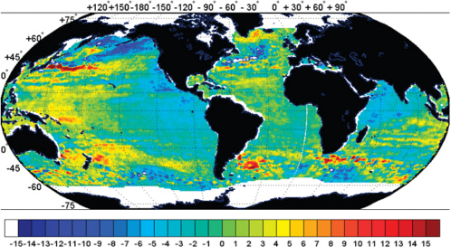 FIGURE 3.2 Observations from the TOPEX-Poseidon altimeter satellite of the global rise in sea level over about 12 years (in mm/yr). SOURCE: Courtesy of NASA/JPL-Caltech. Available at http://www.jpl.nasa.gov/imagepolicy/.