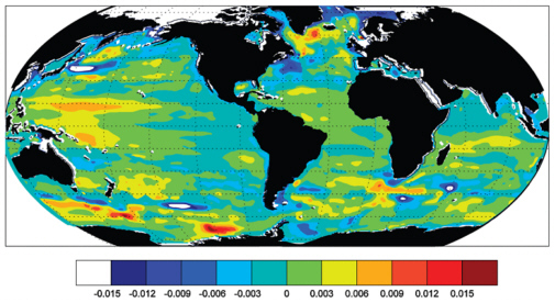 FIGURE 3.3 Estimated sea-level change over 12 years (in m/yr) from a combination of altimetric, in situ observations and a general circulation model (updated from C. Wunsch, R. Ponte, and P. Heimbach, 2007, “Decadal Trends in Sea-Level Patterns: 1993-2004,” Journal of Climate [pdf]). SOURCE: Courtesy of NASA/JPL-Caltech. Available at http://www.jpl.nasa.gov/imagepolicy/.