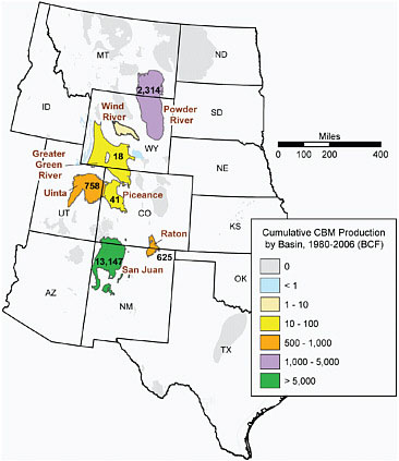 FIGURE 2.1 Map of western CBM basins within the six states that are the subject of this study. Only those basins with cumulative production to date greater than 40 billion cubic feet (BCF) are included in the discussion in this report. SOURCE: Adapted from EIA (2007).