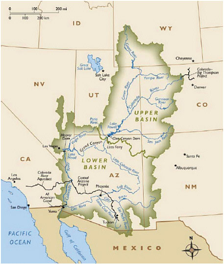 FIGURE E.1 Map of the Colorado River system includes upper and lower basins. SOURCE: © International Mapping Associates.