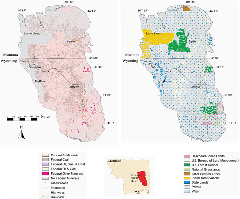 FIGURE 3.1 Comparison of subsurface (mineral rights) ownership (left) with surface ownership (right) in the Powder River Basin in 1999. Although the majority of the subsurface rights are federal (all colors except for the gray areas in the map on the left), the surface ownership is distributed among a blend of private (gray), state (blue), tribal (yellow), and federal owners. The attendant issues of split-estate ownership and responsibilities (different surface and subsurface mineral ownership) affect land and resource management. Although the committee could not find a published map of the entire Powder River Basin that displayed all current CBM well operations relative to their distribution on private, state, or federal land, the maps in this figure demonstrate the shared responsibility for CBM leasing and produced water management among the various authorities. SOURCE: Adapted from Taber and Kinney (1999).