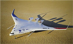 FIGURE 5-15 Hybrid wing/body aircraft with vertical tails on either side of the engines to shield jet noise. Source: NASA (2002).