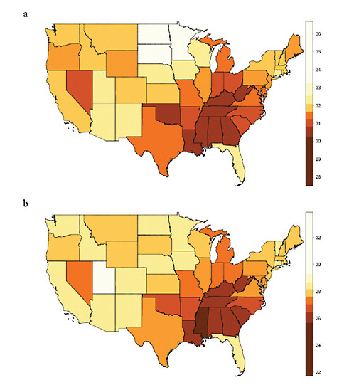 FIGURE 12-1 Geographic variation in life expectancy at age 50 in the contiguous United States, 2000.