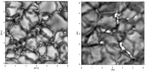 FIGURE 6.6 Magnified view of solar convective and magnetic structures. Left: Computer simulation of convection on the solar surface, together with emergent magnetic fields (twisted structure surrounding each granule). Right: Adaptive optics image of solar convection using the National Solar Observatory’s Dunn Solar telescope. White threads map out the emergent magnetic field surrounding each granule. ATST will have sufficient spatial resolution to quantitatively test these simulations against a statistically significant sample of solar data. SOURCE: Left—A. Vögler, S. Shelyag, M. Schüssler, F. Cattaneo, T. Emonet, and T. Linde, Simulations of magneto-convection in the solar photosphere, Astronomy and Astrophysics 429:335-351, 2005, © ESO, reproduced with permission. Right—Thomas Rimmele, National Solar Observatory.