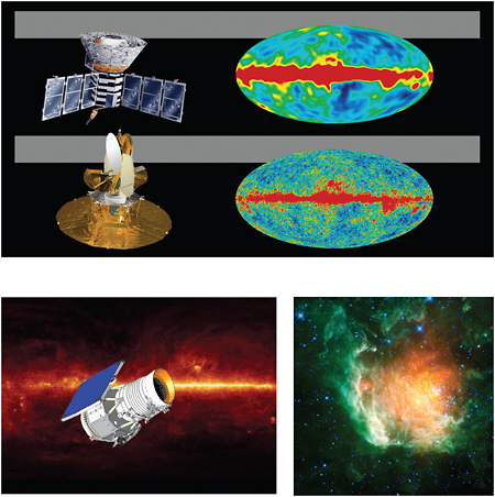 FIGURE 7.4 Science accomplishments from competitively selected astrophysics Explorer SMEX and MIDEX missions launched since 2000. In addition the Explorer program supported a Mission of Opportunity (MoO) contribution to Suzaku and will launch two new SMEX X-ray missions, NuSTAR and GEMS, in 2012 and 2014, respectively. A MoO contribution of an X-ray spectrometer to the Japanese Astro-H is planned for 2014. SOURCE (paired images, clockwise from upper left): (1) WMAP MIDEX—NASA/WMAP Science Team; (2) Swift MIDEX—Orbital Sciences Corporation; NASA E/PO, Sonoma State University, and Aurore Simonnet; (3) GALEX SMEX—NASA/JPL-Caltech; and (4) WISE MIDEX—NASA/JPL-Caltech/WISE Team; NASA/JPL-Caltech.