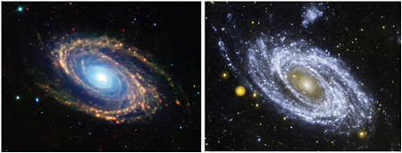 FIGURE 2.4.2 The nearby spiral galaxy Messier 81 imaged with the Spitzer Space Telescope in the infrared (left) and the Galaxy Evolution Explorer (GALEX) in the ultraviolet (right). This galaxy is very similar to our Milky Way. New stars are forming out of gas clouds concentrated in the spiral arms. A dormant supermassive black hole lurks in the bright central region. SOURCE: Left—NASA/JPL-Caltech/K. Gordon (University of Arizona), S. Willner (Harvard-Smithsonian Center for Astrophysics), and N.A. Sharp (NOAO/AURA/NSF). Right—NASA/JPL-Caltech/J. Huchra (CfA).