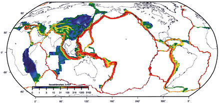 FIGURE 3.2 Geologic, geodetic, and earthquake data help determine the zones on Earth where the crustal motion diverges from rigid plate motion. Areas of high strain, in red, experience increased earthquakes and volcanoes. SOURCE: Kreemer et al., 2000.