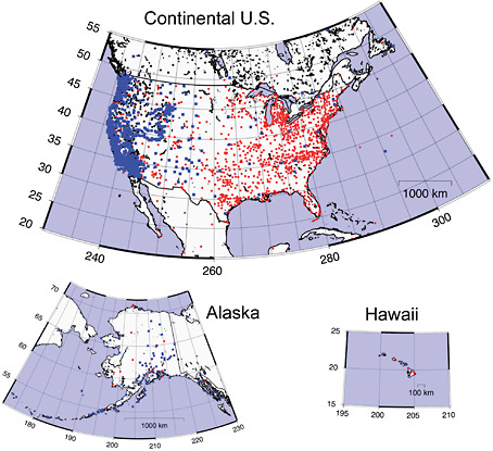 FIGURE 3.5 Map showing the continuously operating GPS stations in the United States. Blue dots are Plate Boundary Observatory (PBO) sites installed by the NSF. Red dots are Continuously Operating Reference Stations (CORS), which are installed and operated by a variety of federal, state, and local agencies and some private companies and whose data is available through the National Geodetic Survey. Black dots are other sites that do not fall into either the PBO or CORS groups. Some of the PBO sites are also CORS sites. SOURCE: Courtesy of Thomas Herring, Massachusetts Institute of Technology, using Generic Mapping Tool (GMT developed by Paul Wessel and Walter Smith). Graphic generated on May 28, 2010, using NOAA/NGS CORS data acquired from CORS website: http://www.ngs.noaa.gov/CORS/sort_sites.shtmll.