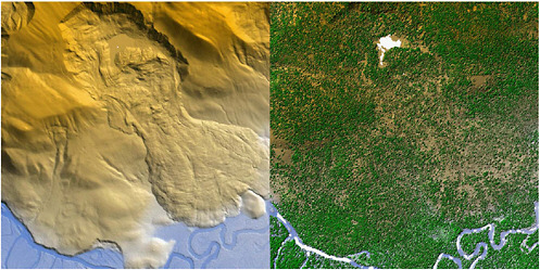 FIGURE 3.7 These false-color geodetic images of a landslide near Flathead Lake, Montana, were made from airborne LiDAR data collected by the NSF National Center for Airborne Laser Mapping (NCALM). Laser shots passed through openings in the forest and reached the ground, allowing a filter to be used to remove the returns from the trees and reveal the landslide, which is not normally visible to the eye or a camera. The white scale bars are 500 meters in length. SOURCE: Ramesh Shrestha, National Center for Airborne Laser Mapping (NCALM), University of Houston; see also Carter et al., 2007.