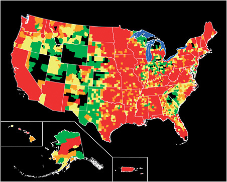 FIGURE 3.8 Presidential disaster declarations related to flooding in the United States, shown by county: Green areas represent one declaration; yellow areas represent two declarations; orange areas represent three declarations; and red areas represent four or more declarations between June 1, 1965, and June 1, 2003. Map is not to scale. SOURCES: FEMA; Michael Baker Jr., Inc.; the National Atlas; and the USGS (from http://www.usgs.gov/hazards/floods/).
