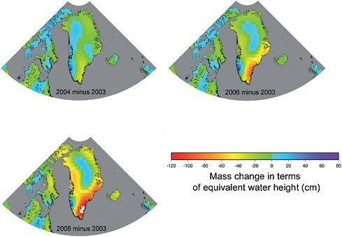 FIGURE 3.13 Mass changes in the Greenland ice sheets observed by GRACE. Observing the differences in the gravity fields determined in successive years reveals an ongoing loss of ice mass in Greenland, especially along the southeastern coast. There is evidence that the northwestern coast is now also losing mass. SOURCE: The University of Texas Center for Space Research.