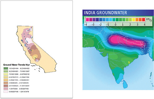 FIGURE 3.14 Major groundwater loss in the Sacramentro–San Joaquin River Basins in California (left) (Strassberg et al., 2009) and northern India (right) (Tiwari et al., 2009) revealed by the GRACE gravity mission and supplementary data. SOURCES: California groundwater iamge, NASA, http://www.nasa.gov/topics/earth/features/graceImg20091214.html (Left). India groundwater image, ScienceNOW, adapted from Tiwari et al., 2009 (Right).
