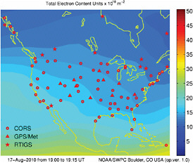 FIGURE 3.17 Example of an ionosphere map produced by the NOAA Space Weather Prediction Center August 17, 2010. The unit for total electron content (TEC) is 1016 electrons per square meter (the total number of electrons in a tube with a cross-section area of one square meter, extending vertically from the surface through the ionosphere). SOURCE: NOAA, http://www.swpc.noaa.gov/ustec/.
