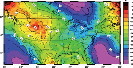 FIGURE 4.7 The geoid height over the continental United States based on GEOID09. Negative values indicate that the geoid is lower than the reference ellipsoid (positive values, above). For purposes of determining the direction of water flow, the absolute height of the geoid is not important but, rather, it is the slope in the geoid relative to the land surface that matters. GEOID09 is based on EGM2008 (Pavlis et al., 2008a), which in turn relied on GRACE for the long-wavelength component of the gravity field model. SOURCE: NGS (http://www.ngs.noaa.gov/GEOID/GEOID09/).