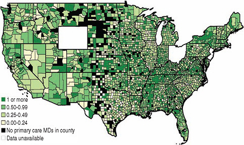 FIGURE 3-1 Map of the number of NPs per primary care MD by county, 2009.