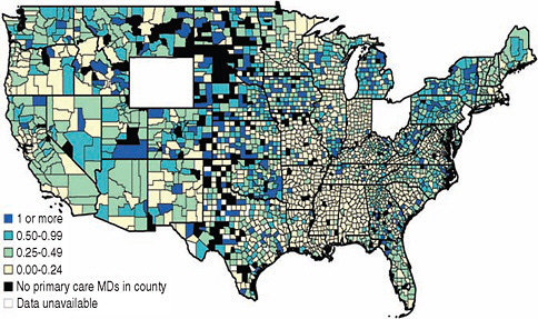 FIGURE 3-2 Map of the number of physician assistants per primary care MD by county, 2009.