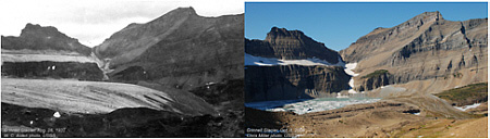 FIGURE 2-3 This pair of photographs from Grinnell Glacier’s southeast edge shows the dramatic change in the glacier’s volume and area. Note the glacier’s depth along the headwall and its extent at the terminal moraine in the historic photograph.