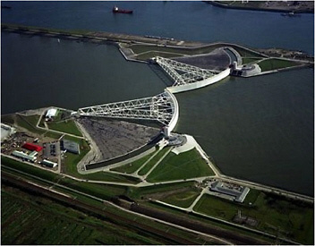 FIGURE 2-5 The Maeslant barrier is a massive flood gate barrier in the Nieuwe Waterweg waterway in the Netherlands. When a storm causes the North Sea to rise, the doors will swing shut (as shown in this image), closing off the river and keeping the water out.
