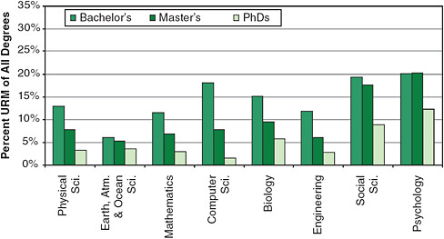 FIGURE 2-5 Underrepresented minorities among S&E degree recipients, by degree level, 2006.