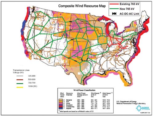 FIGURE 2-3 A concept of transmission with one technically feasible transmission grid of 765 kV overlayed on wind resource data combining low- and high-resolution datasets used to model the 20 percent wind scenario using NREL’s Regional Energy Deployment System (ReEDS)