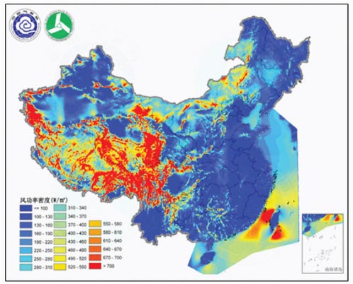 FIGURE 2-4 Distribution of wind power density in China at 50 m above ground. Source: China Meteorological Administration.