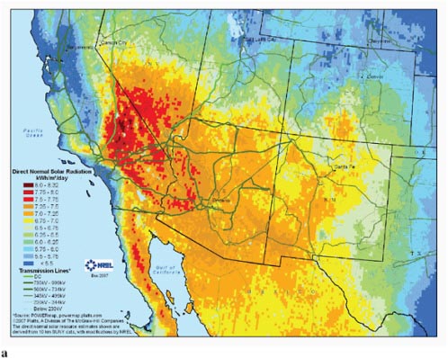 FIGURE 2-7 (a) Total direct normal solar radiation in the Southwest, the most suitable region for concentrated solar power, is shown on the left. Source: National Renewable Energy Laboratory resource analysis upgraded from WGA, 2006a.