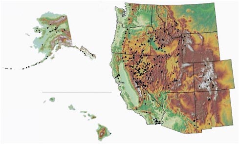 FIGURE 2-13 Map showing the location of identified moderate- and high-temperature geothermal systems in the United States. Each system is represented by a black dot. Source: Williams and Pierce, 2008.