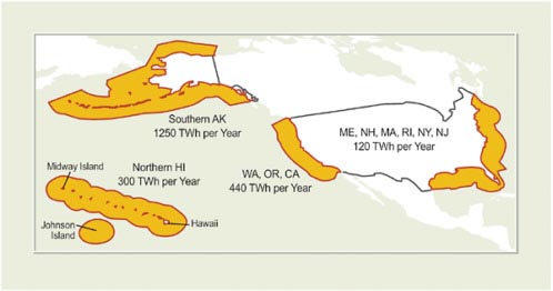 FIGURE 2-15 U.S. wave-energy resources. Source: EPRI, 2005.
