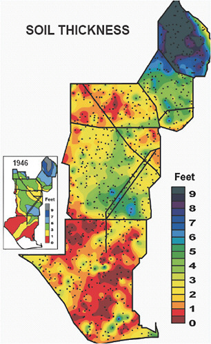 FIGURE 4-11 Soil thickness at 867 locations measured between 1995 and 2005, contrasted against thickness from 1946 as shown in inset map.