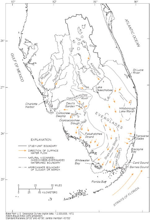 FIGURE 2-2 Pre-drainage water flows in the Kissimmee-Lake Okeechobee-Everglades watershed.