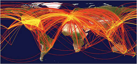 The movement of people around the globe, depicted here in a map of air traffic among the 500 largest international airports, can lead to the rapid spread of infectious disease.