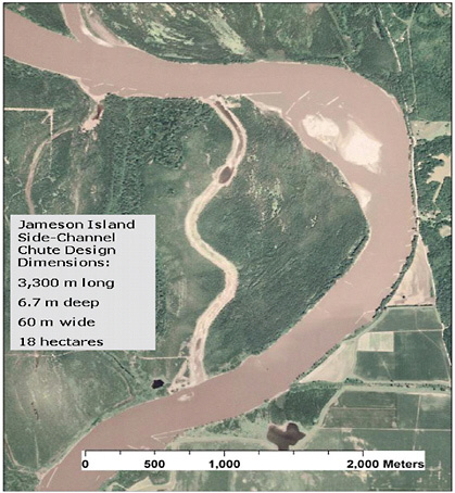 FIGURE 5-1 Aerial view of Jameson Island chute. Jameson Island data were used as the basis of the overall sediment load estimations presented in this chapter, and on discussion of changes in the river’s phosphorus load (presented in Chapter 6).