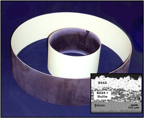FIGURE 1.5 Combustor liner made from SiC-fiber-reinforced SiC (SiC/SiC) composite for the Solar Turbines, Inc., Centaur 50 gas turbine. An environmental barrier coating was applied to the inside circumference of the outer ring and to the outside circumference of the inner ring (the surfaces facing the combustion gas). Inset: Cross section of the coating; BSAS, barium-strontium aluminosilicate; mullite, aluminosilcate; underlying the Si layer is the SiC/SiC composite. Courtesy of Solar Turbines, Inc., and Oak Ridge National Laboratory.