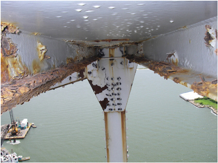 FIGURE 1.3.1 The underside of a steel bridge member exhibiting significant corrosion. Courtesy of the Texas Department of Transportation, © 2007. All rights reserved.