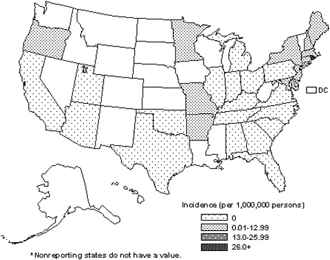 FIGURE A5-2 Average annual incidence of HGA by state as reported in 2001-2002. Data from CDC National Electronic Telecommunications System for Surveillance.