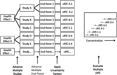 FIGURE 6-2 Illustration of a potential process for identifying an RfC from a full database. Health effects in organ systems associated with exposure to the chemical are identified. For each health effect, studies that meet criteria for inclusion are advanced. From each study, one or more end points that meet specified criteria are advanced, and the point of departure is identified and adjusted to a human-equivalent concentration. Uncertainty factors are selected on the basis of study and end-point attributes and applied to the point of departure to yield candidate RfCs (cRfCs). All cRfCs are evaluated together with the aid of graphic displays that incorporate selected information on attributes relevant to the database and the decision to be made. A final RfC is selected from the distribution after consideration of all critical end points from studies that met the criteria for inclusion.