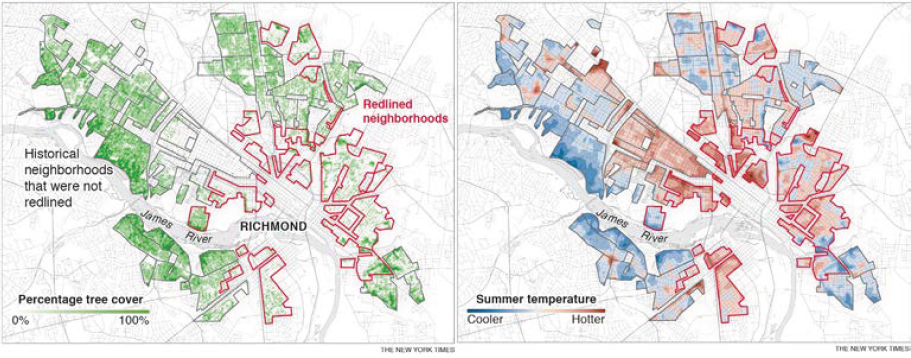 Legacy impacts of redlining in Richmond, Virginia: (a) tree cover, and (b) summer temperatures compared to the city average