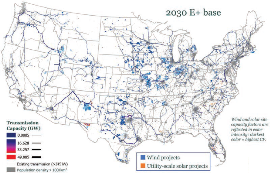 Transmission grid as of 2035 (estimates to support wind and solar generation in E+ scenario with base siting availability)