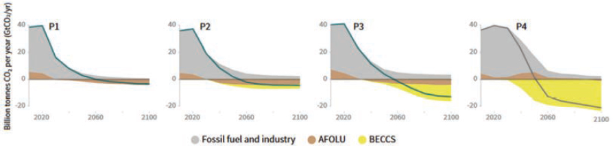 Breakdown of contributions to global net CO2 emissions from AFOLU, BECCS, and reduced emissions from fossil fuel and industry in four illustrative model pathways