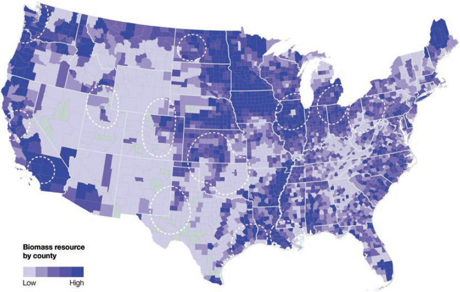 Biomass resources by U.S. county, where darker coloration indicates higher quantity