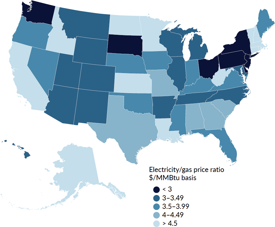 Electricity/natural gas price ratio variation across the United States, where lighter color represents a higher ratio
