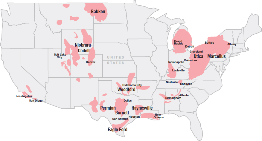 Shale gas plays, principal production regions, and pipelines