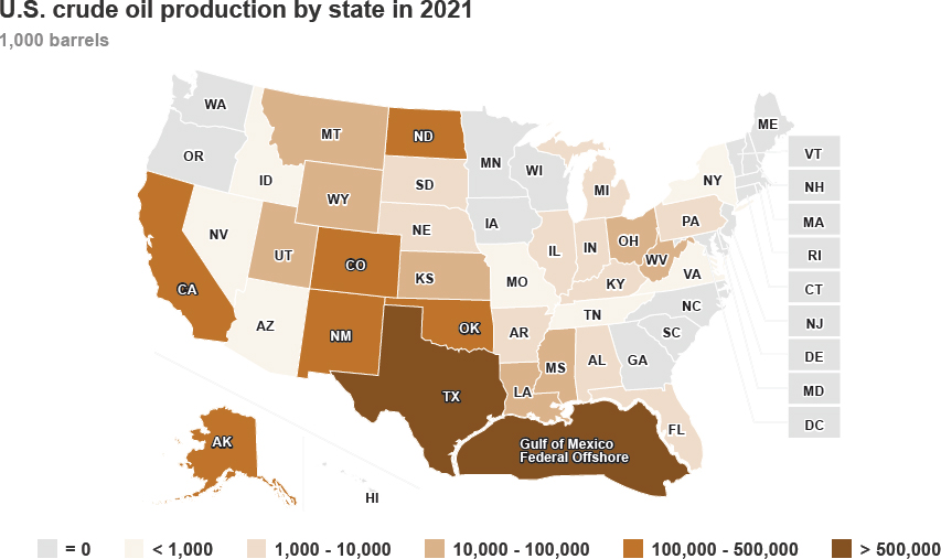 2021 Crude oil production by state (million barrels)
