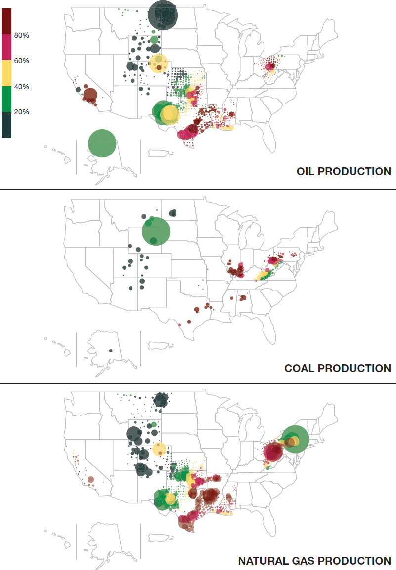 PM2.5 levels in regions with oil, natural gas, and coal production (2019)