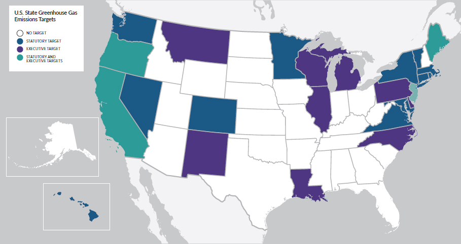 States with GHG reduction commitments as of 2022. Statutory targets are depicted in blue, executive targets in purple, and both statutory and executive targets in teal