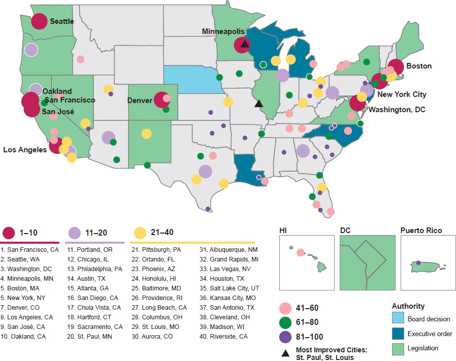 Map of 100 percent clean energy states with clean city scorecard cities